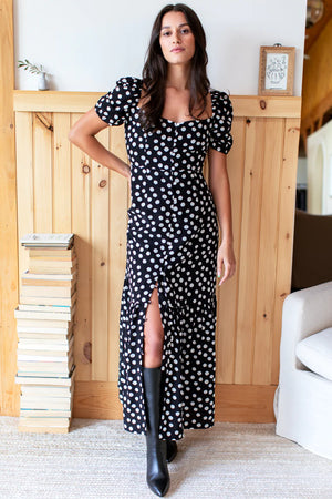 Luie Maxi Dress - Handpainted Dots Black + Ivory