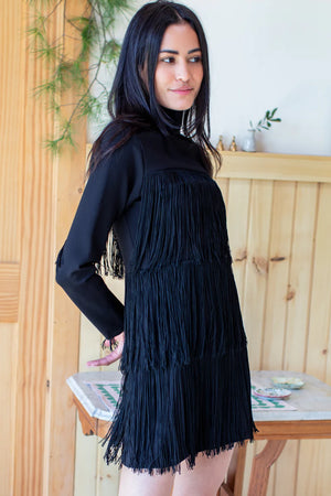 Short Fringe Dress in Black Ponte