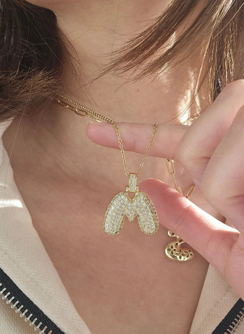 Pave Bubble Letter Charm Necklace